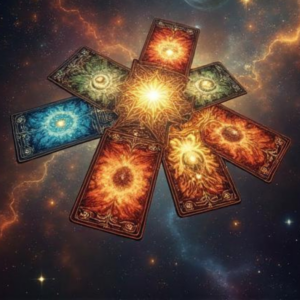 Extended tarot and rune insight reading with layered tarot cards, representing expanded perspective and deeper reflection on one defined topic