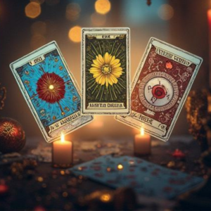Tarot and rune guidance reading with three tarot cards and candles, focused clarity spiritual insight