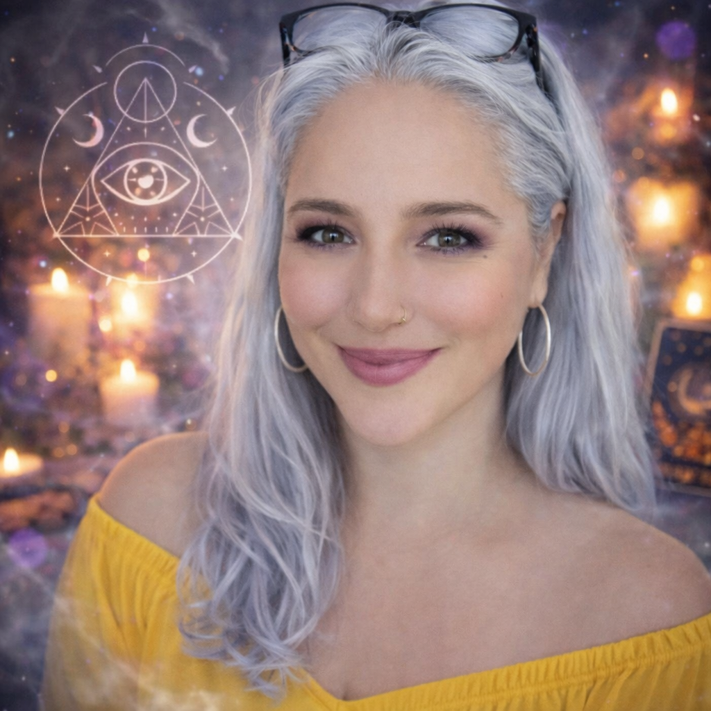 Agnes intuitive tarot and rune reader holding tarot cards