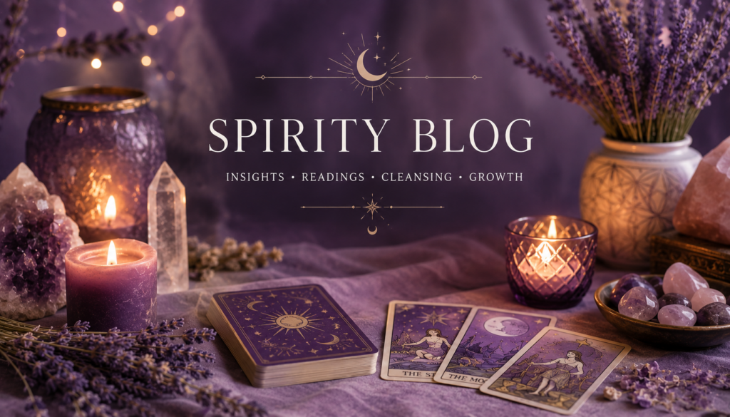 Spiritual blog banner with tarot cards, crystals, candles, and purple mystical atmosphere