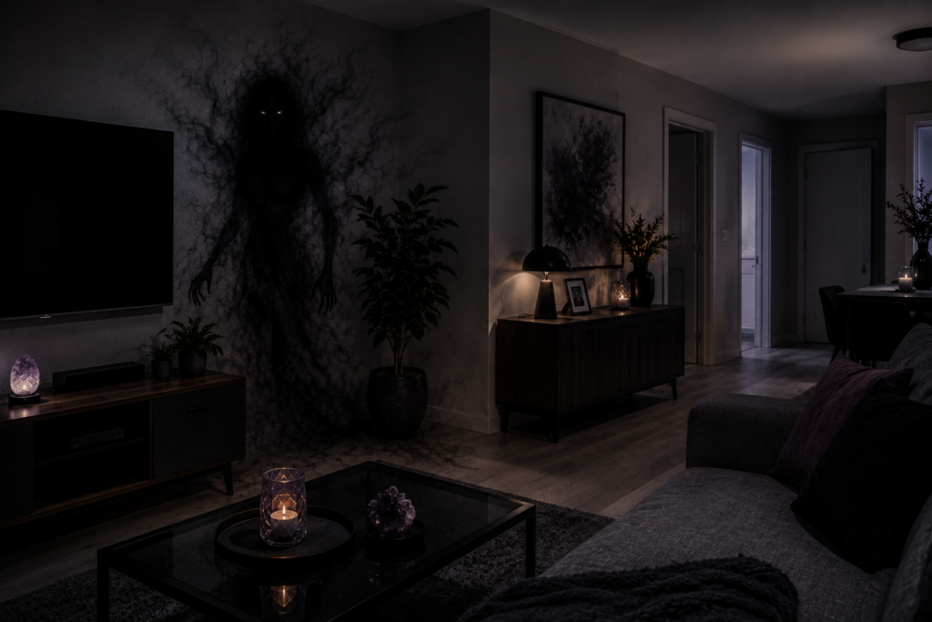 Shadow entity manifesting inside a modern home during a remote entity removal.