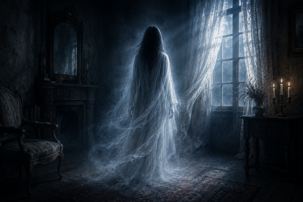 Ghostly spirit appearing inside a dark home, representing a ghost presence.