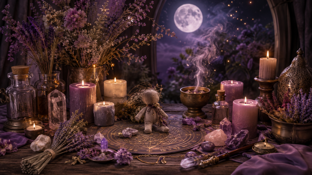 Spells ritual altar with candles, herbs, crystals and a poppet doll under the full moon