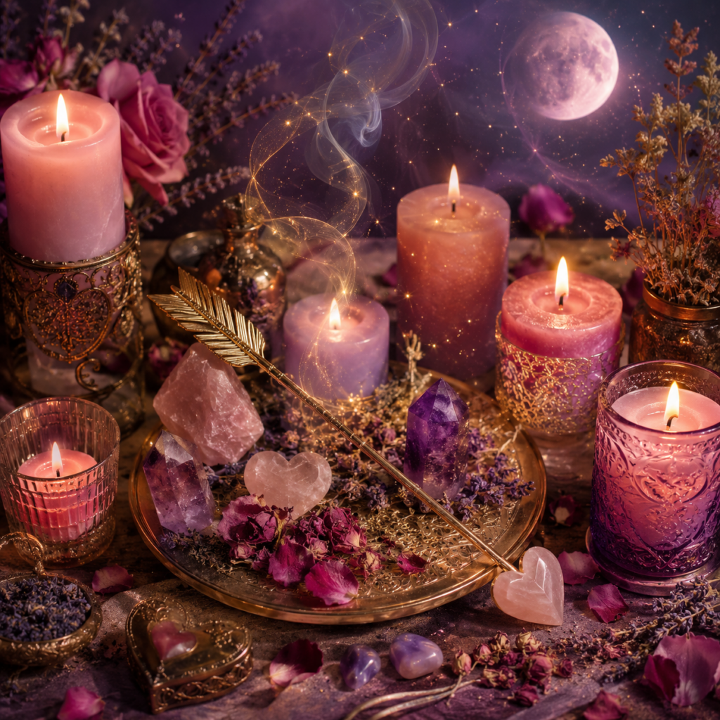 Romantic love attraction ritual altar with pink candles, roses, crystals and a golden arrow under the moon