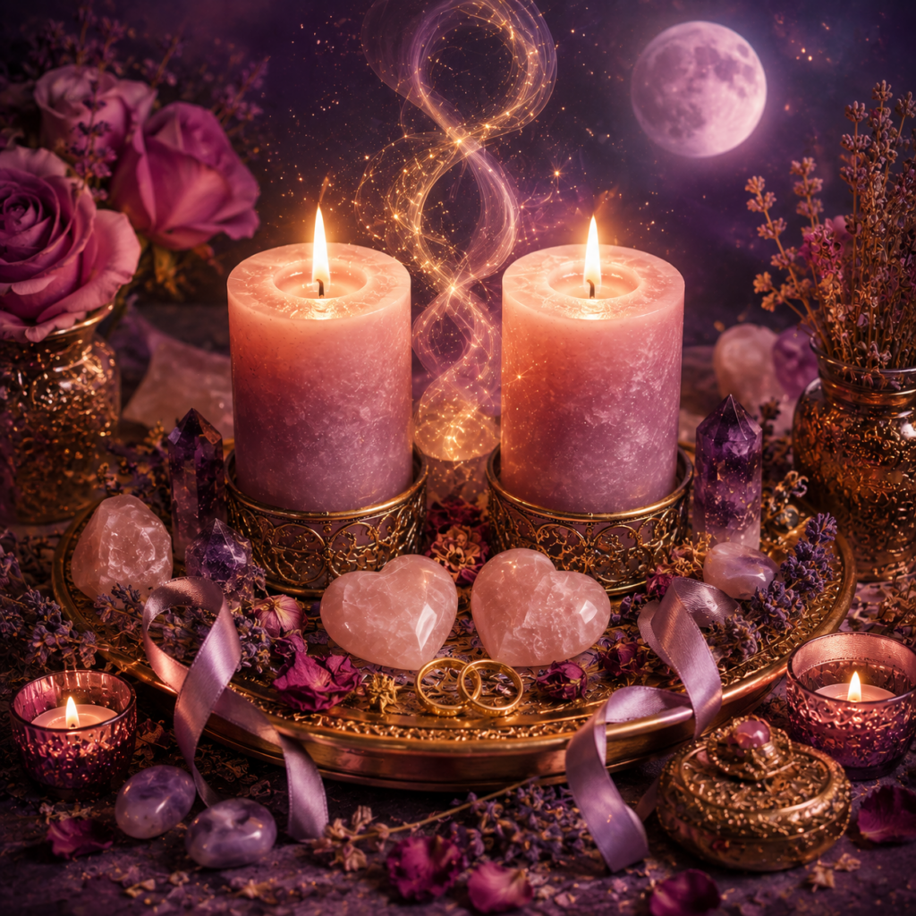 Relationship harmony ritual altar with two pink candles, rose quartz hearts, roses and intertwined golden light