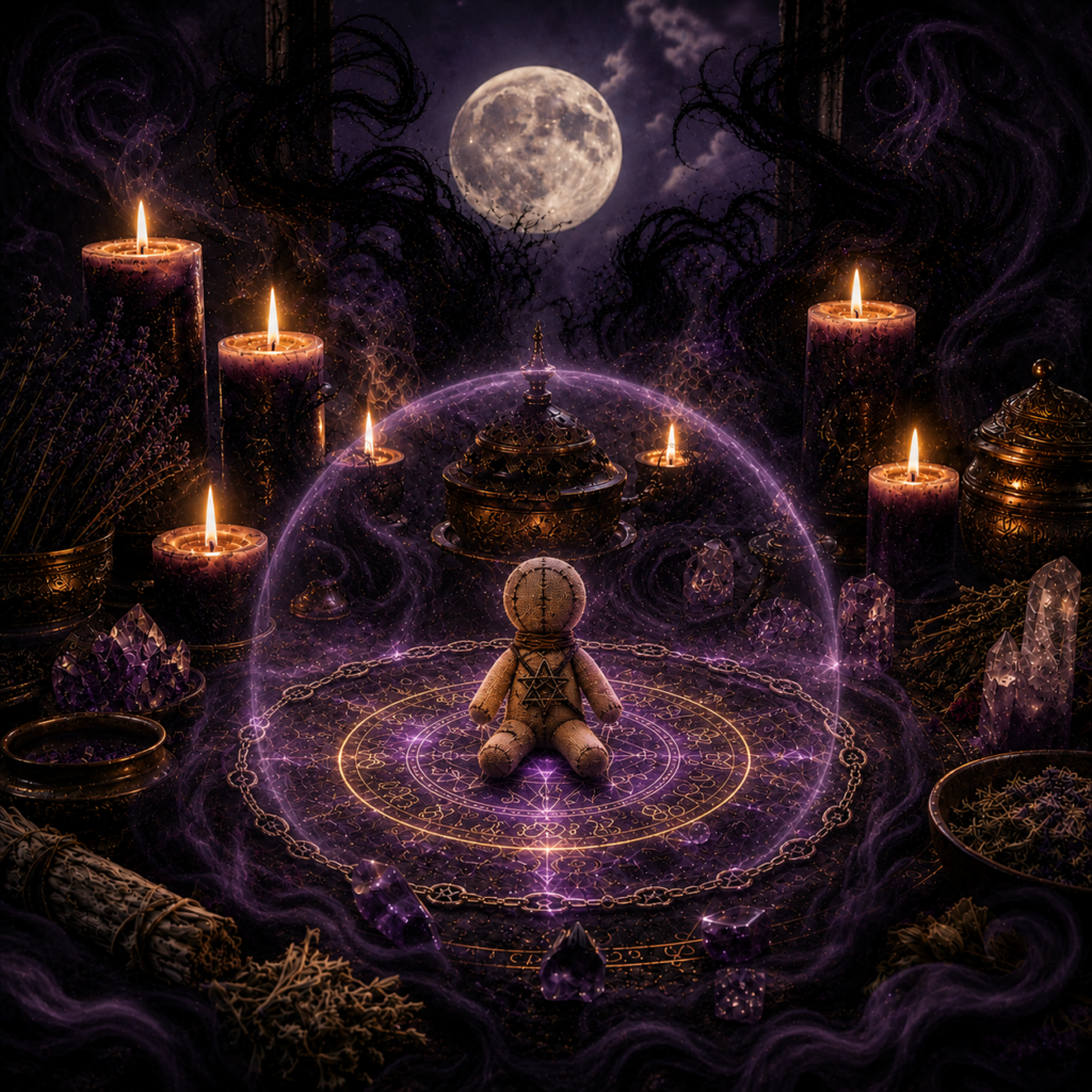 Shadow Chain protection ritual with a poppet doll inside a glowing chain circle, dark energy, candles and crystals under the full moon