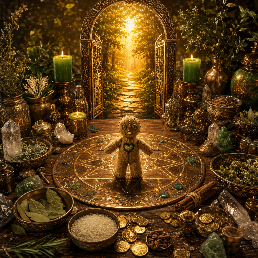 Abundance ritual altar with a poppet doll, green candles, bay leaves, rice, cinnamon, coins and a golden open gate