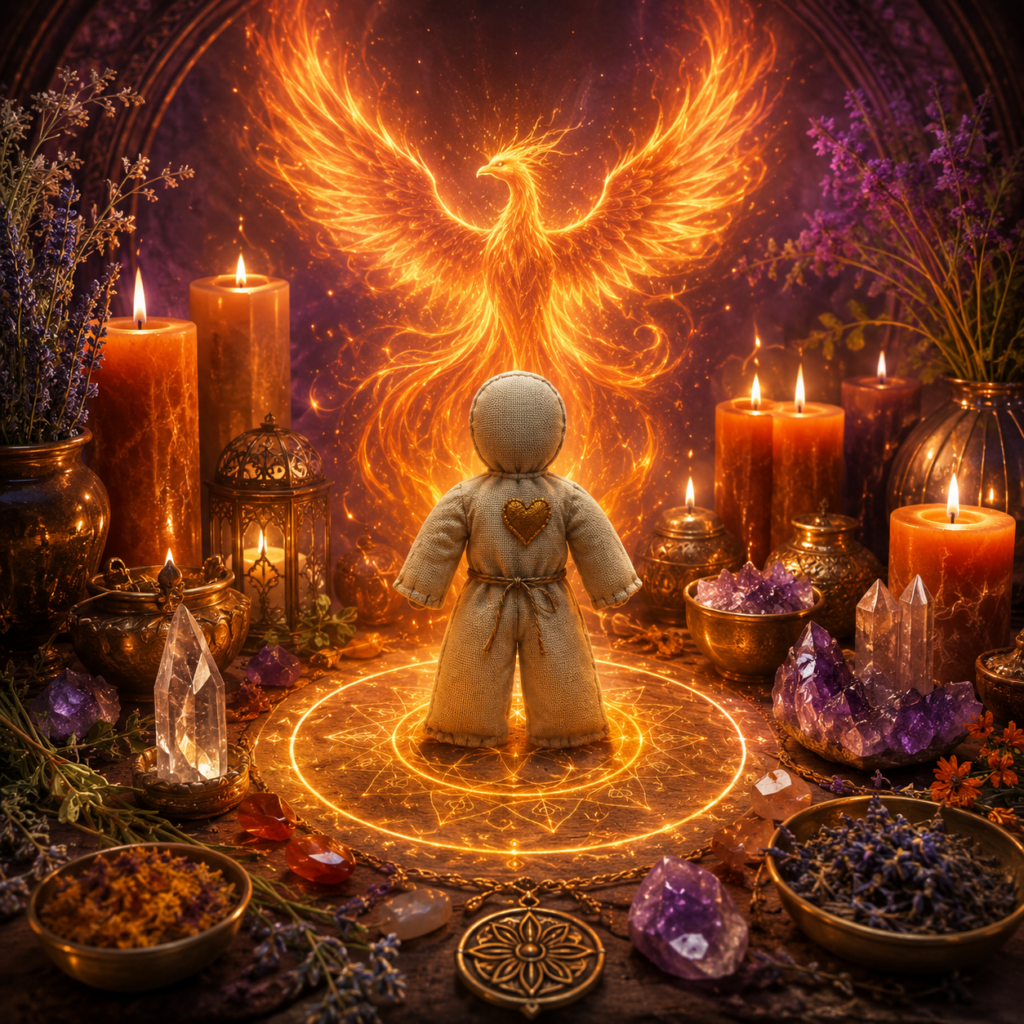 Healing support ritual altar with a poppet doll, glowing phoenix, orange candles, herbs and crystals