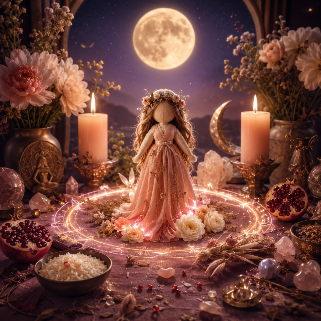 Fertility support ritual altar with a feminine poppet doll, pink candles, flowers, pomegranate, rice and crystals under the full moon