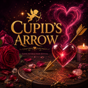 Cupid’s Arrow love attraction ritual product image with a golden arrow, crystal heart, roses and candles