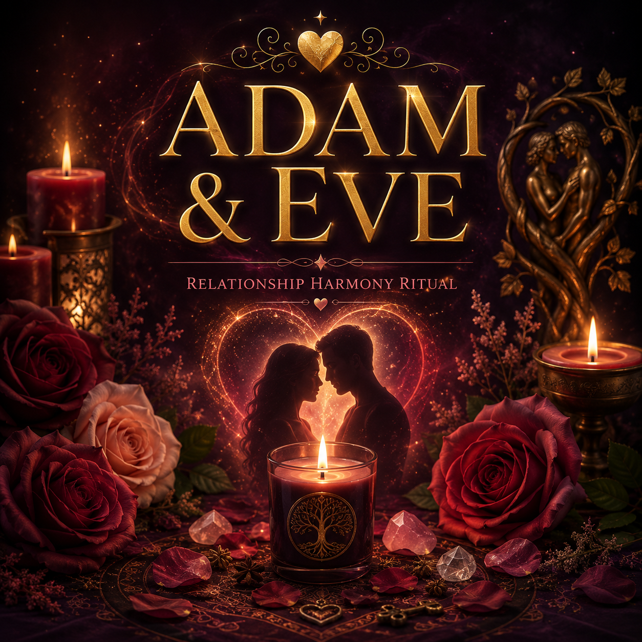 Adam & Eve relationship harmony ritual product image with a couple, red roses, candles and glowing heart energy