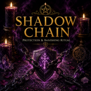 Shadow Chain protection and banishing ritual product image with a chained shield, purple candles, crystals and mystical energy