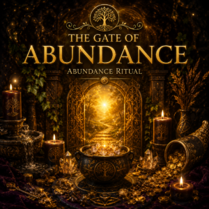 The Gate of Abundance ritual product image with a golden open gate, coins, crystals, candles and an abundance bowl