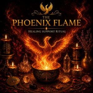 The Phoenix Flame healing support ritual product image with a glowing phoenix, candles, crystals and ritual fire