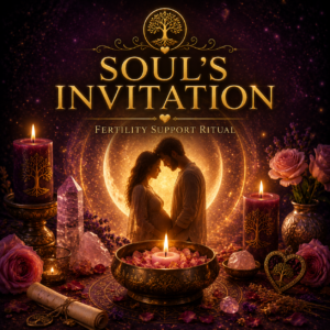 Soul’s Invitation fertility support ritual product image with a couple, candles, roses, crystals and glowing moon energy