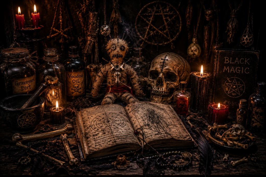 lack magic objects with voodoo doll, candles, bones and occult ritual tools