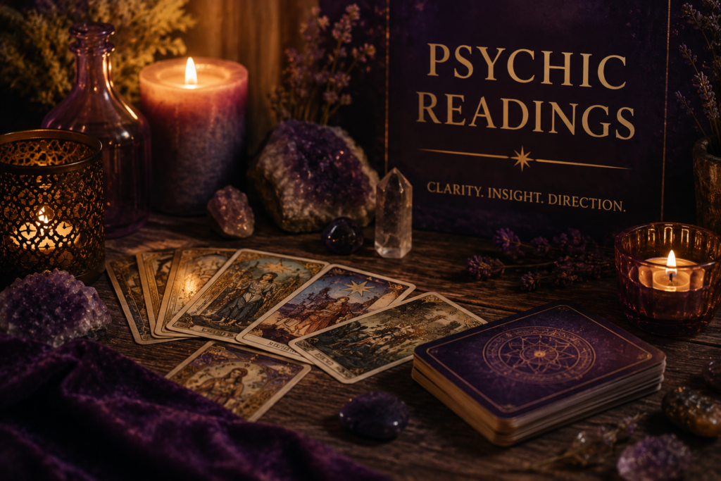 Psychic Readings tarot cards with candles and crystals on a spiritual reading table