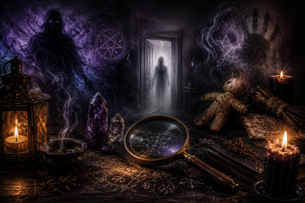 Entity, ghost and black magic analysis with unseen spiritual presence and protective symbols