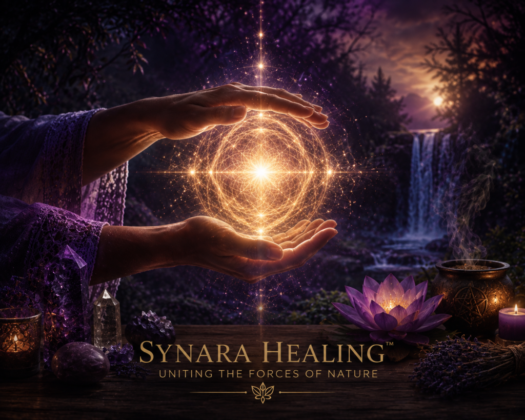Synara Healing energy work with glowing light, hands, nature and crystals