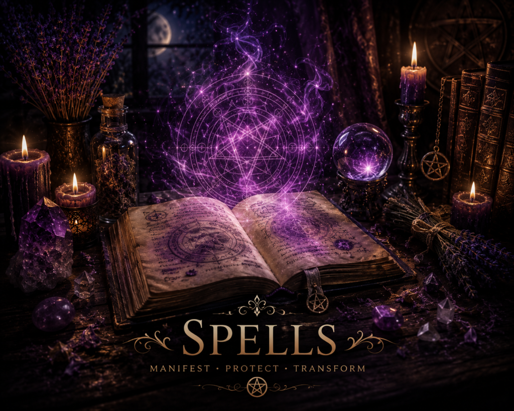 Spells with magical book, candles, crystals and glowing spiritual symbols