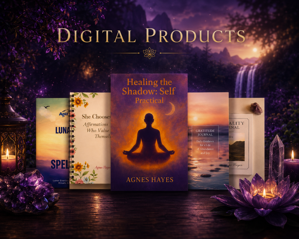 Digital spiritual products with books, journals and planners for learning, reflection and personal growth