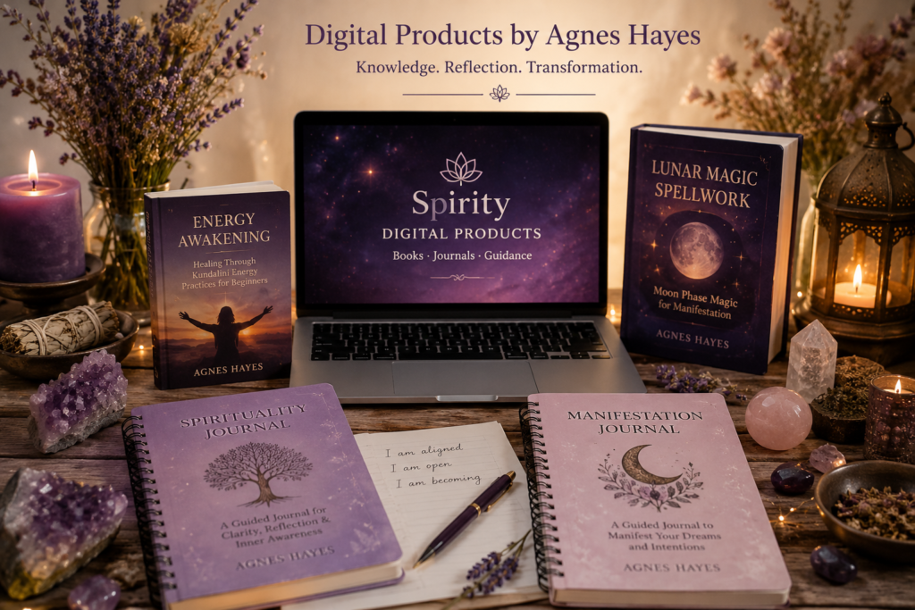 Digital Products by Agnes Hayes with spiritual books, guided journals, candles and crystals